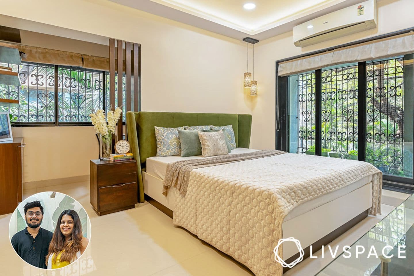 Bed with a tall green velvet headboard against a neutral wall in a Mumbai apartment