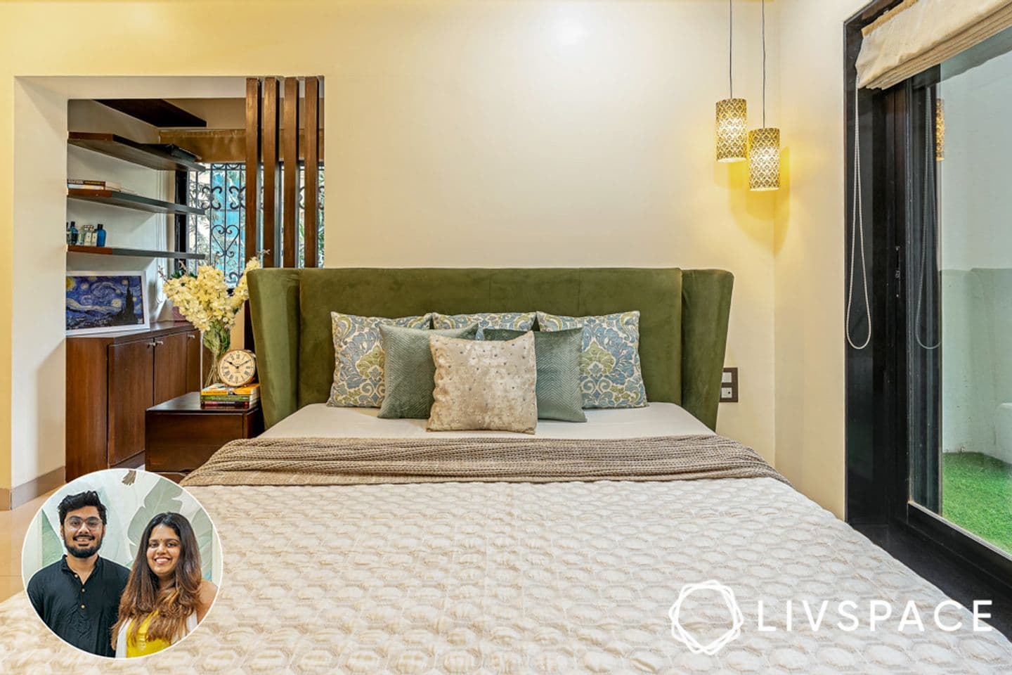 Bedroom with a green velvet headboard and pendant lights hanging either side of the bed