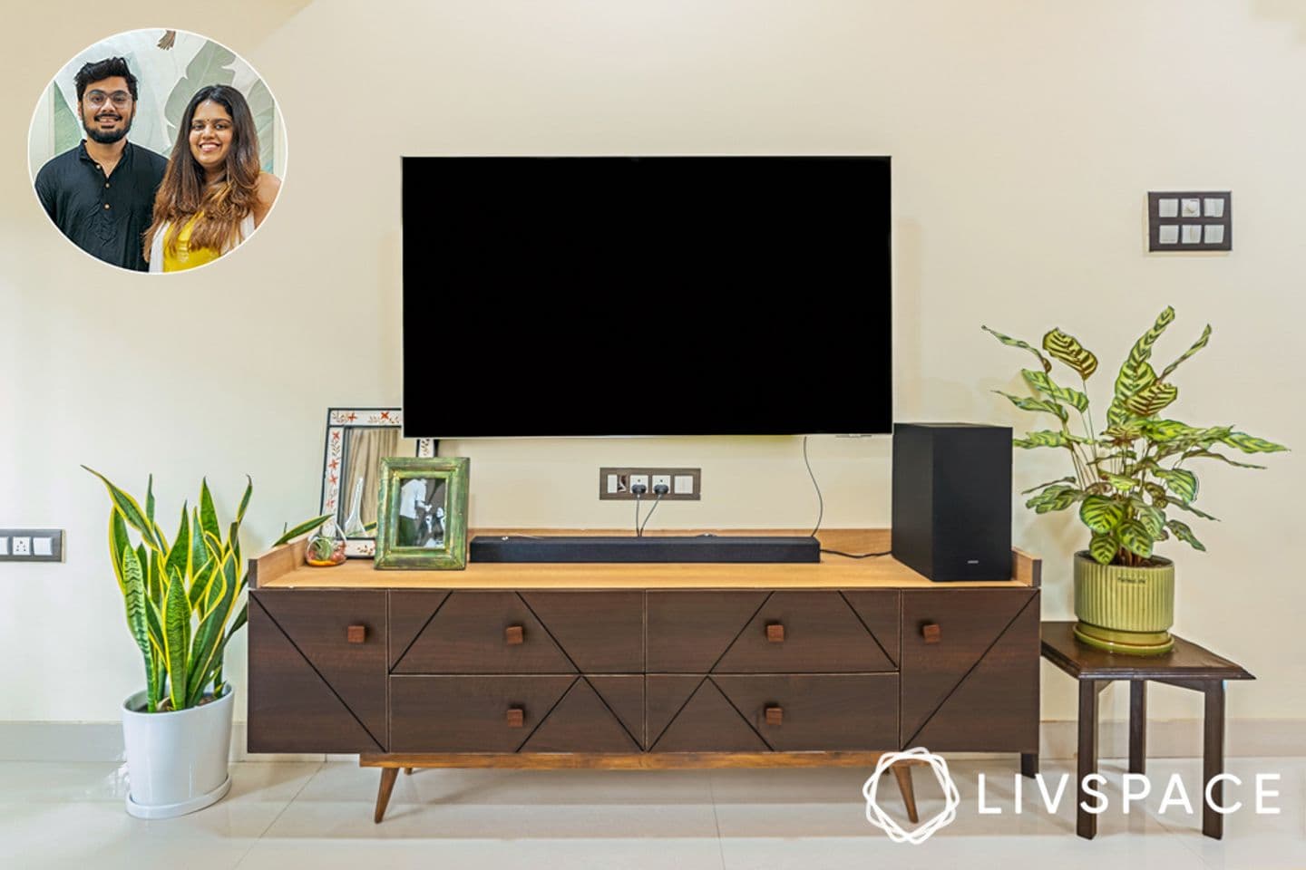 Laminate television unit with a grooved front face and concealed storage
