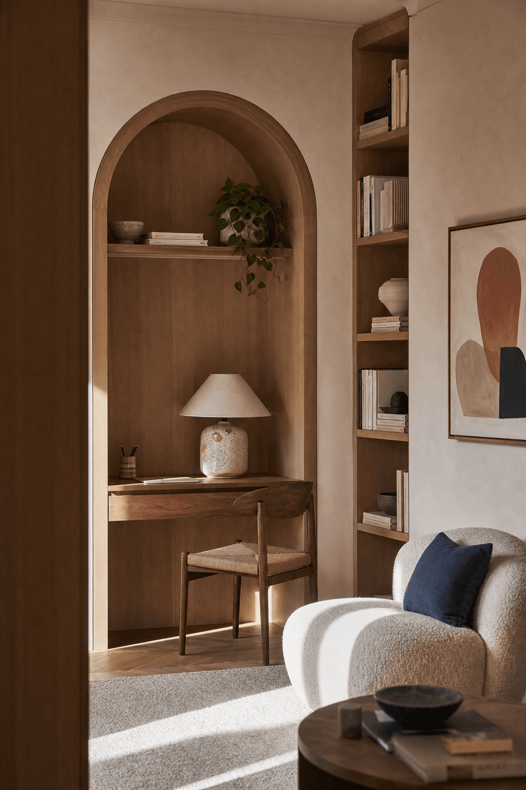Sunlit home office in an arched oak niche beside a softly upholstered reading chair