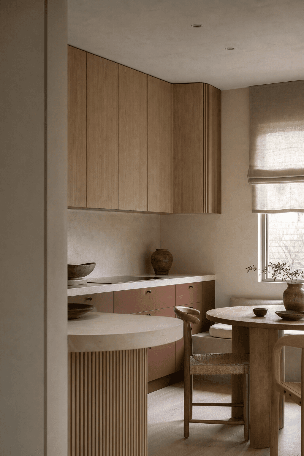 Compact kitchen with clay-toned cabinets, pale oak joinery, and a round dining table