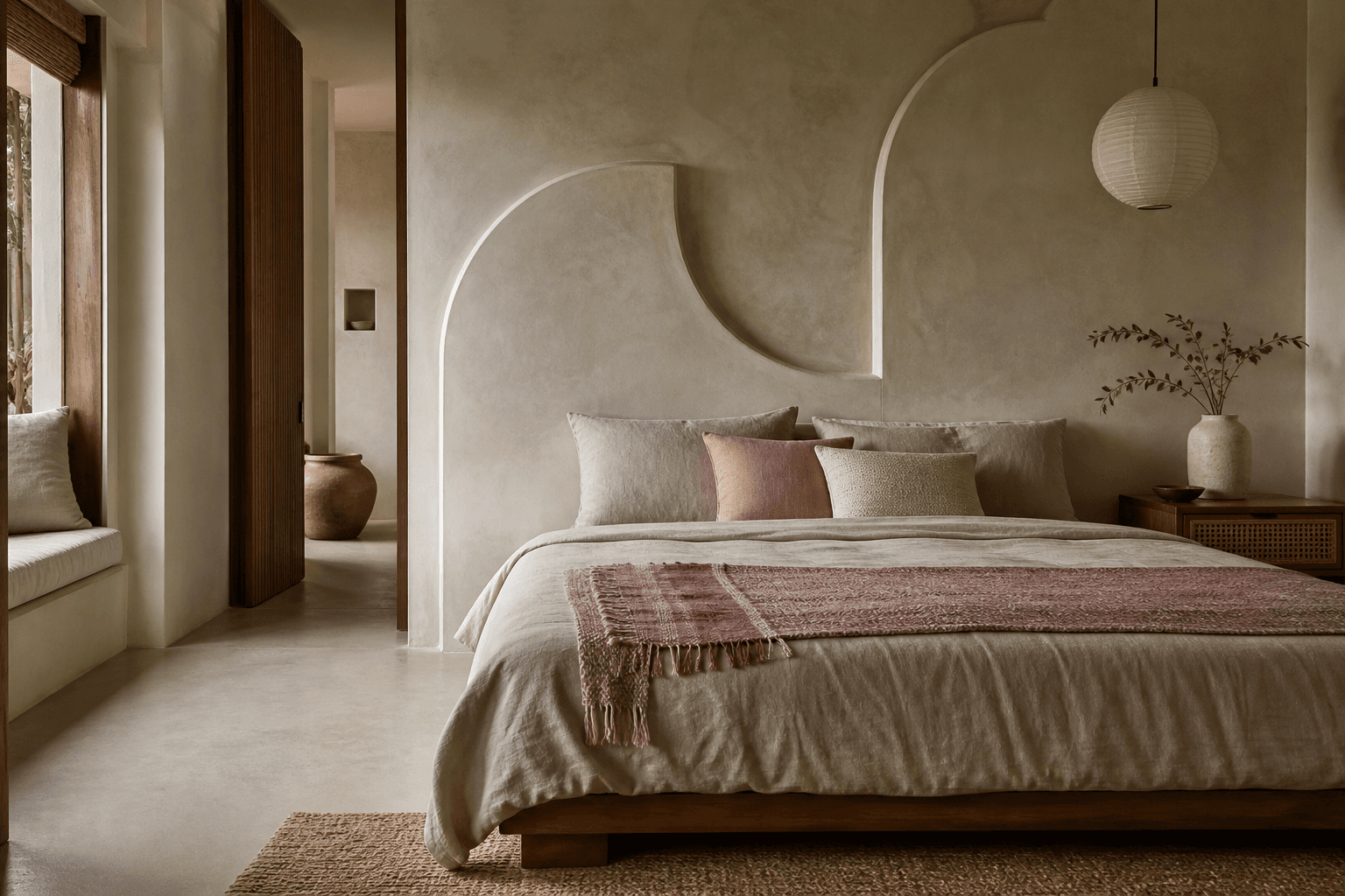 Serene bedroom with curved plaster details, natural linen, walnut, and muted blush accents