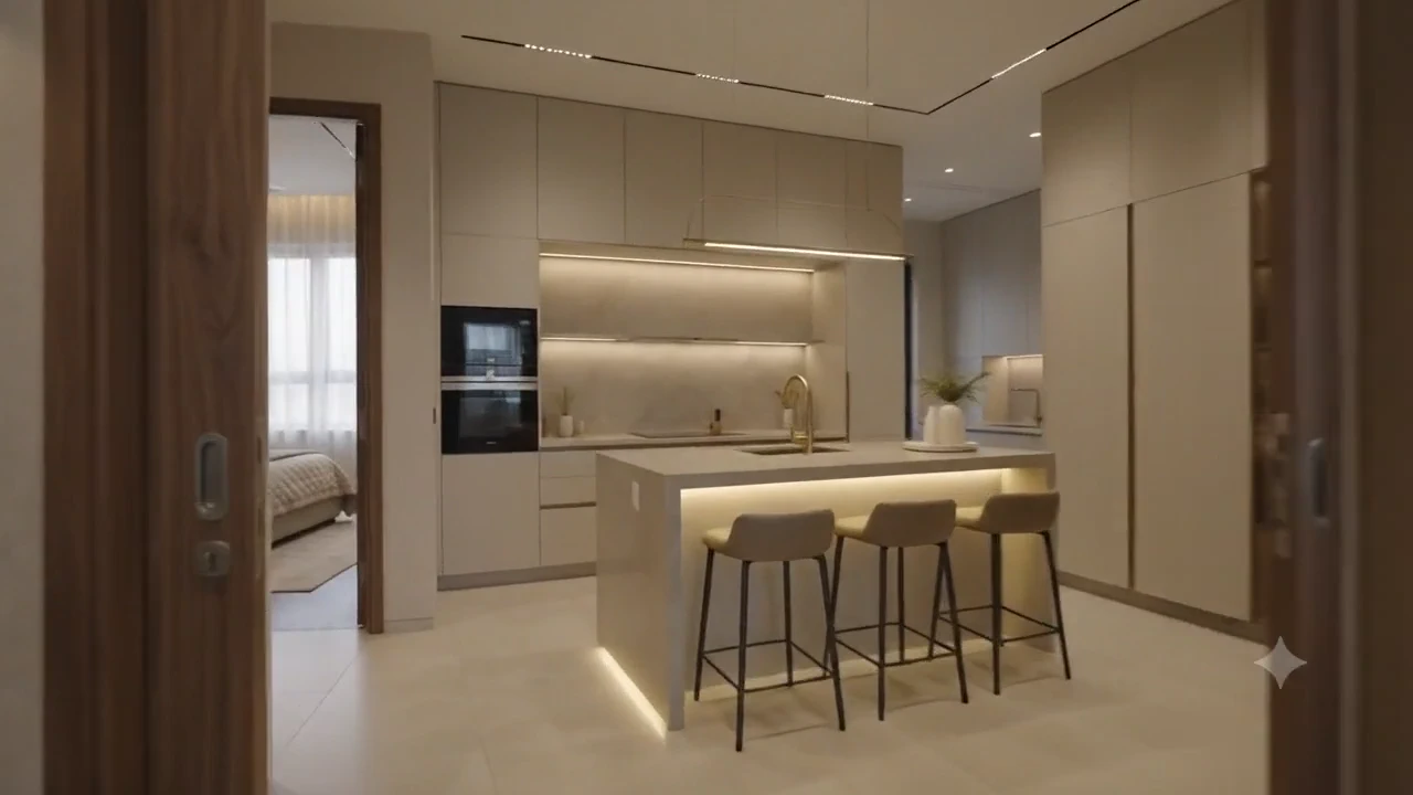 Open kitchen island with warm under-cabinet lighting