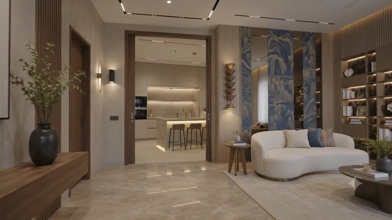 Living lounge with a curved white sofa and a hand-painted mural wall
