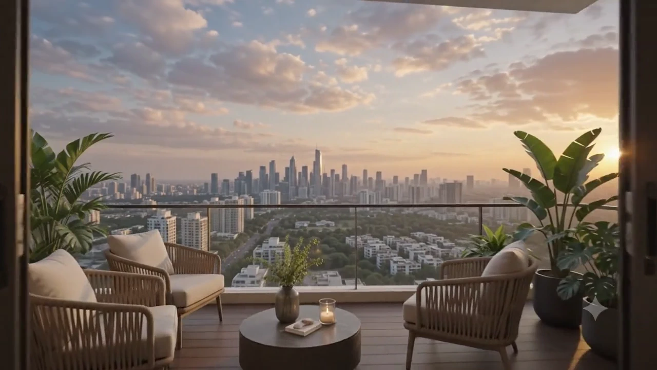 Rooftop terrace at golden hour overlooking the Mumbai skyline
