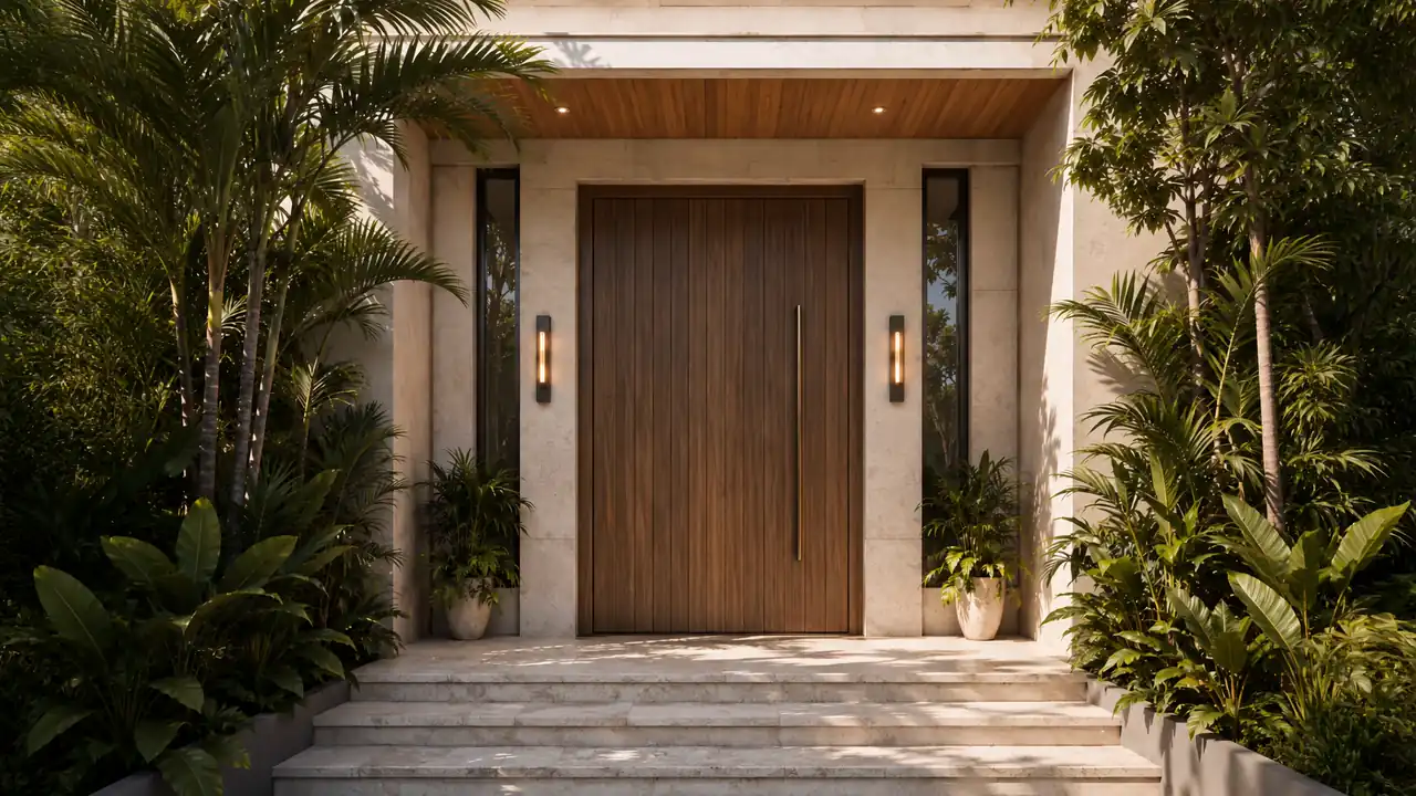 Walkthrough of a warm, contemporary Mumbai apartment — entrance, living room, kitchen and dining, bedrooms, and a planted balcony at golden hour